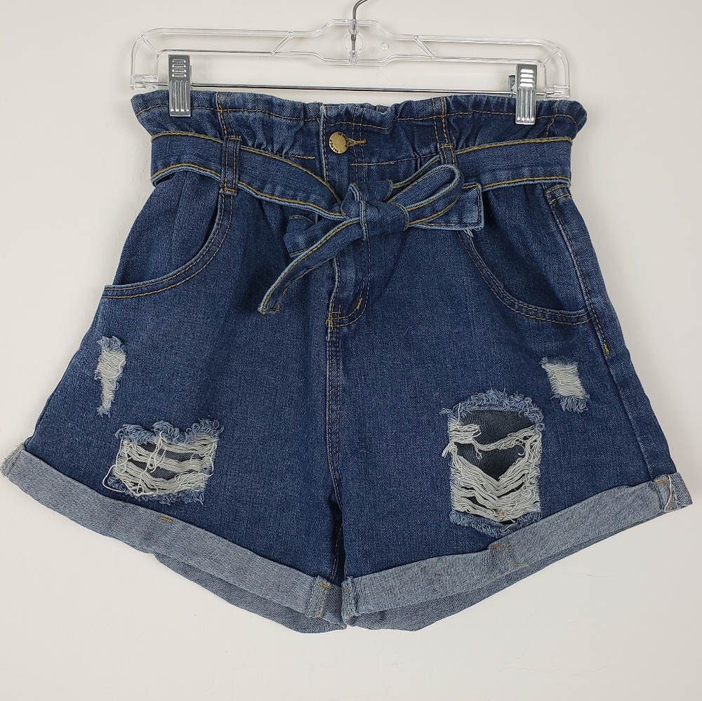 Shein high waist denim paperbag shorts distressed